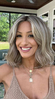 Jenna Fail @jenna_fail wearing PEERLESS 14 by BELLETRESS in color ROOTBEER FLOAT BLONDE | A Blend of Light Pearl Blonde, Ash Blonde, Beige Blonde, Champagne Blonde, and Platinum Blonde with a Light and Medium Brown Root