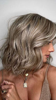Jenna Fail @jenna_fail wearing PEERLESS 14 by BELLETRESS in color ROOTBEER FLOAT BLONDE | A Blend of Light Pearl Blonde, Ash Blonde, Beige Blonde, Champagne Blonde, and Platinum Blonde with a Light and Medium Brown Root