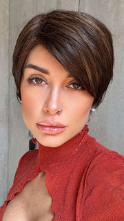 Maria @mariasoccorsalaforge wearing GIA by RENE OF PARIS in color COFFEE-LATTE | Dark Brown with evenly Blended Honey Brown highlights