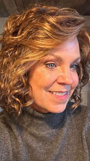 Susan @sparkles_intheworld wearing GIRL MONO by ELLEN WILLE in color HOT HAZELNUT MIX | Medium Brown base with Medium Reddish Brown and Copper Red highlights