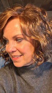 Susan @sparkles_intheworld wearing GIRL MONO by ELLEN WILLE in color HOT HAZELNUT MIX | Medium Brown base with Medium Reddish Brown and Copper Red highlights