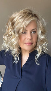 Donna @style.me.ageless wearing JULIANNE LITE by JON RENAU in color 27T613S8 SHADED SUN | Medium Natural Red-Gold Blonde & Pale Natural Gold Blonde Blend and Tipped, Shaded with Medium Brown