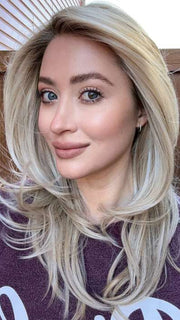 Steph @wigswithsteph wearing BEVERLY HILLS by BELLETRESS in color CRUSHED ALMOND BLONDE R | A soft Neutral Light Blonde with a Light and Medium Blended Root Color.