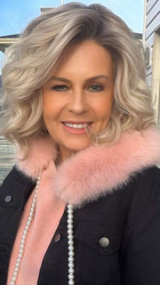 Donna @style.me.ageless wearing ECLAT by ELLEN WILLE in color PEARL-BLONDE-ROOTED 101.16.1001 | Pearl Platinum, Dark Ash Blonde, and Medium Honey Blonde mix