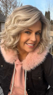 Donna @style.me.ageless wearing ECLAT by ELLEN WILLE in color PEARL-BLONDE-ROOTED 101.16.1001 | Pearl Platinum, Dark Ash Blonde, and Medium Honey Blonde mix