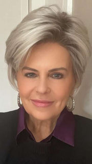 Donna @style.me.ageless wearing SATIN by ELLEN WILLE in color SILVER-BLONDE-ROOTED | Medium Honey Blonde, Light Ash Blonde, and Lightest Reddish Brown blend with Dark Roots