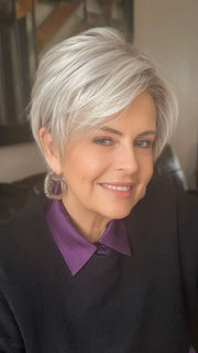 Donna @style.me.ageless wearing SATIN by ELLEN WILLE in color SILVER-BLONDE-ROOTED | Medium Honey Blonde, Light Ash Blonde, and Lightest Reddish Brown blend with Dark Roots