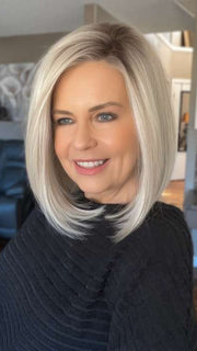 Donna @style.me.ageless wearing CURRENT EVENTS by RAQUEL WELCH WIGS in color RL16/22SS SHADED ICED SWEET CREAM | Pale Blonde with Slight Platinum Highlighting with Dark Roots