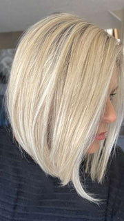 Donna @style.me.ageless wearing CURRENT EVENTS by RAQUEL WELCH WIGS in color RL16/22SS SHADED ICED SWEET CREAM | Pale Blonde with Slight Platinum Highlighting with Dark Roots
