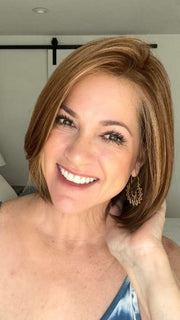 Susan Cooke @wigs_with_wisdom wearing KRISTEN by JON RENAU in color FS27 STRAWBERRY SYRUP | Medium Red-Gold Blonde with Gold Blonde Bold Highlights