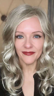 Marcie M. @wig.obsessed wearing AVALON by RENE OF PARIS in color ICE-BLOND | Ashy Blonde Base with White Gold Tips with Highlights Around Face