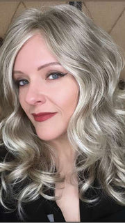 Marcie M. @wig.obsessed wearing AVALON by RENE OF PARIS in color ICE-BLOND | Ashy Blonde Base with White Gold Tips with Highlights Around Face