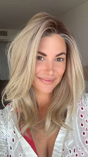Katy C. @thewigeducator wearing STYLE SOCIETY by RAQUEL WELCH WIGS in color RL19/23SS SHADED BISCUIT | Light Ash Blonde Evenly Blended with Cool Platinum Blonde with Dark Roots
