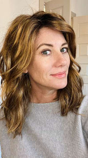 Jenny B. @thewiggygirl wearing OCEAN by ESTETICA in color R30/28/26RT4 | Medium Auburn and Light Auburn and Golden Blonde Blend with Dark Brown Roots