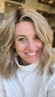 Jenny B. @thewiggygirl wearing BIG SPENDER by RAQUEL WELCH WIGS in color RL1621SS SHADED SAND | Light Blonde shaded with Medium Brown | outdoor lighting