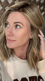 Jenny B. @thewiggygirl wearing BIG SPENDER by RAQUEL WELCH WIGS in color RL1621SS SHADED SAND | Light Blonde shaded with Medium Brown | indoor lighting