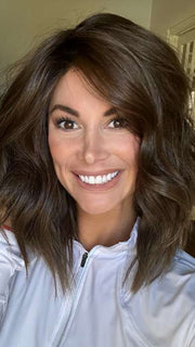 Katy C. @thewigeducator wearing BIG SPENDER by RAQUEL WELCH WIGS in color RL8/12SS ICED MOCHA | Medium Brown Shaded with Dark Blonde