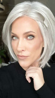 Kristyna Moore @kristynamoore wearing PLAY IT STRAIGHT by RAQUEL WELCH WIGS in color R56/60 SILVER MIST | Lightest Gray with 20% Medium Brown Evenly Blended with Pure White | styled