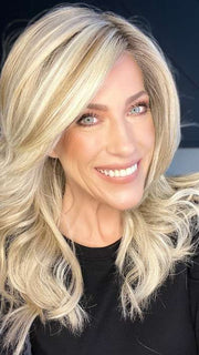 Kristyna Moore @kristynamoore wearing STROKE OF GENIUS by RAQUEL WELCH WIGS in color RL19/23SS SHADED BISCUIT | Light Ash Blonde Evenly Blended with Cool Platinum Blonde with Dark Roots