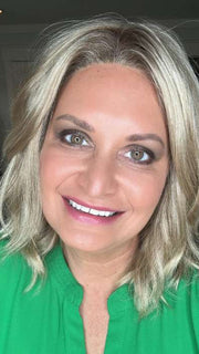 Emily H. @she_sheds_more wearing CHARLOTTE by ENVY BY ALAN EATON in color CHAMPAGNE SHADOW | Soft Dark Blonde with Platinum Highlights and Chestnut Roots
