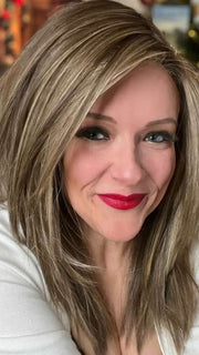 Marcie Mertz @wig.obsessed wearing WELL PLAYED by RAQUEL WELCH in color RL9/24SS ICED CAFÉ LATTE | Dark Brown shaded with Golden Brown