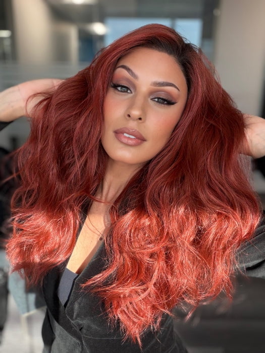 Roxie Wearing BROOKLYN by RENE OF PARIS in HENNA-RED-R | Bright and Vibrant Red with Cherry Undertones, Rooted with Rich Coffee Bean Brown