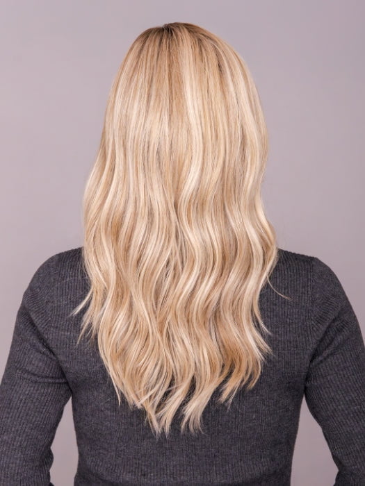 ROXIE wearing MILANO by BELLETRESS in MILKSHAKE BLONDE R | A mixture of Light Sandy Brown, Highlighted with Light Ash Blonde with a Hint of Light Platinum Blonde with a Medium Root Color