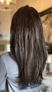 Nichole @nichole.alee wearing ZARA PETITE by JON RENAU in color FS4/33/30A MIDNIGHT COCOA | Dark Brown, Medium Red, Medium Natural Red Blonde/Brown Blend with Medium Natural Red Blonde/Brown Blend Bold Highlights
