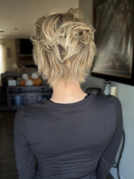 Nichole wearing AWARD DELUXE by ELLEN WILLE in SANDY BLONDE ROOTED | Medium Honey Blonde, Light Ash Blonde, and Lightest Reddish Brown blend with Dark Roots