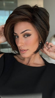 ROXIE wearing IGNITE by JON RENAU in 1BRH30 DARK CHOCOLATE CHERRY GANACHE | Soft Black with 33% Gold-Red Highlights