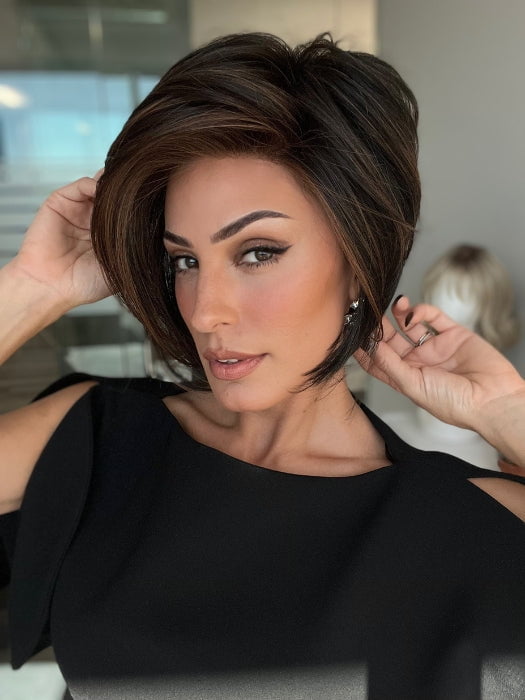 ROXIE wearing IGNITE by JON RENAU in 1BRH30 DARK CHOCOLATE CHERRY GANACHE | Soft Black with 33% Gold-Red Highlights