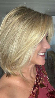 Susan Cooke @wigs_with_wisdom wearing CAMERON LARGE by JON RENAU in 12FS8 SHADED PRALINE | Light Gold Brown, Light Natural Gold Blonde & Pale Natural Gold-Blonde Blend, Shaded with Medium Brown