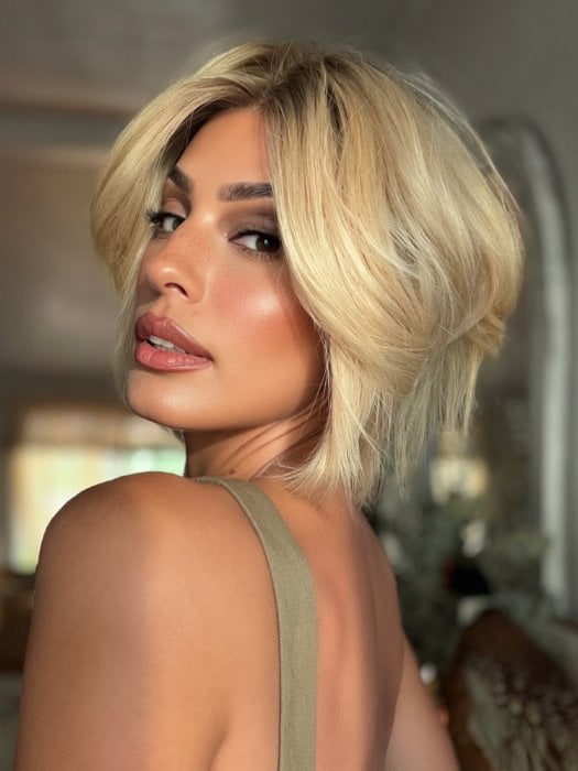 Roxie wearing JADORE DELUXE by ELLEN WILLE in PEARL BLONDE ROOTED | Pearl Platinum and Lightest Ash Blonde with Medium Ash Blonde Blend and Shaded Roots