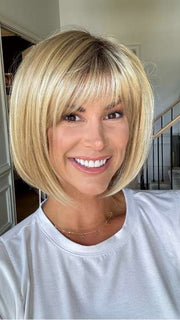 Katy @thewigeducator wearing SCORPIO by RENE OF PARIS in color CRÈME-BRULEE | Medium Golden Blonde with Light Blonde highlights and Dark Blonde roots