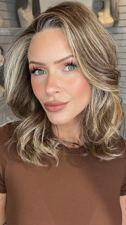 Madeline wearing ANNA by BELLETRESS in BROWN-SUGAR-COOKIE-R | The Roots are a Rich Brown Tone that seamlessly transitions into a Warm Golden Brown