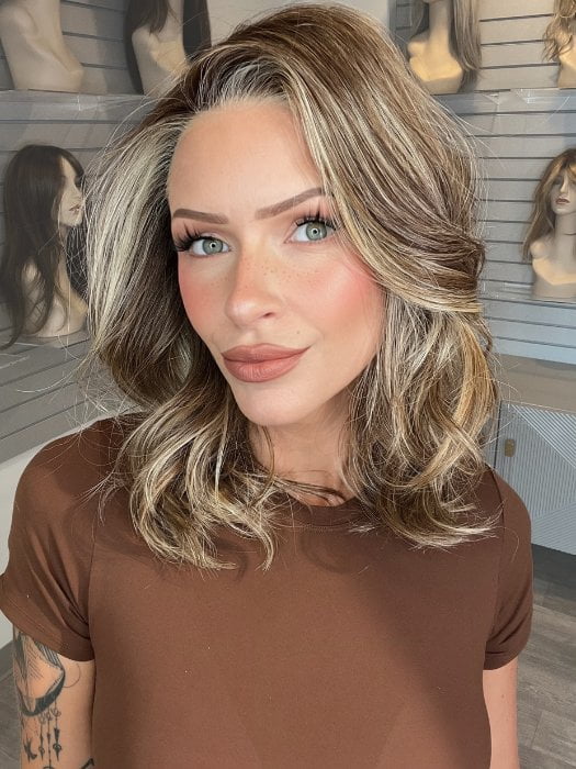 Madeline wearing ANNA by BELLETRESS in BROWN-SUGAR-COOKIE-R | The Roots are a Rich Brown Tone that seamlessly transitions into a Warm Golden Brown