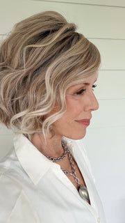 Shannon @shannonwigsout wearing HOUSTON by BELLETRESS in MILKSHAKE BLONDE R | A mixture of Light Sandy Brown, Highlighted with Light Ash Blonde with a Hint of Light Platinum Blonde with a Medium Root Color
