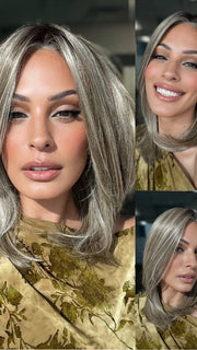 ROXIE wearing OWN THE ROOM LUXURY by GABOR in GF12-22SS CAPPUCCINO | Light Golden Brown Evenly Blended with Cool Platinum Blonde Highlights with Dark Roots
