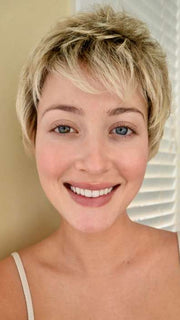 Steph B. @wigswithsteph wearing LINA SMALL by ELLEN WILLE in color BAHAMA BEIGE SHADED 24.25.26 | Lightest Ash Blonde and Lightest/Light Golden Blonde Blend with Shaded Roots