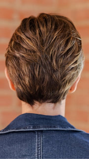 Emily wearing DISC by ELLEN WILLE in TOBACCO MIX | Medium Brown base with Light Golden Blonde highlights and Light Auburn lowlights