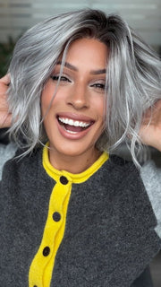Roxie wearing ESPRIT by Ellen Wille in METALLIC GREY ROOTED 60.51 Pearl White, Darkest/Lightest Brown with Grey Blend with Shaded Roots