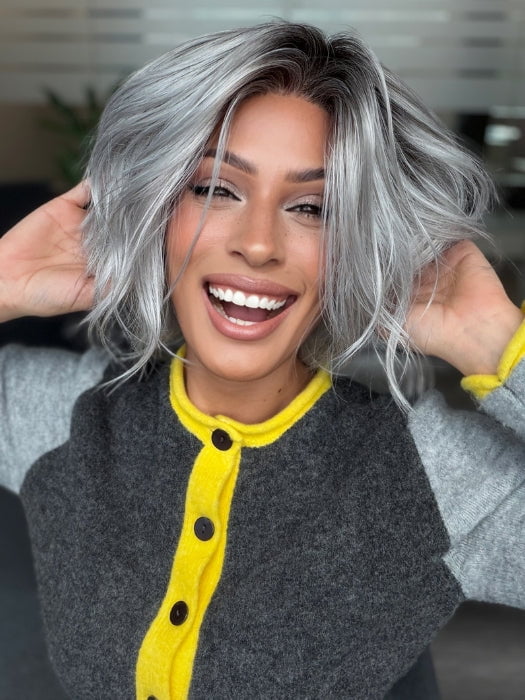 Roxie wearing ESPRIT by Ellen Wille in METALLIC GREY ROOTED 60.51 Pearl White, Darkest/Lightest Brown with Grey Blend with Shaded Roots