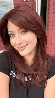 Steph B. @wigswithsteph wearing SPOTLIGHT by RAQUEL WELCH WIGS in color RL33/35 DEEPEST RUBY | Dark Auburn Evenly Blended with Ruby Red