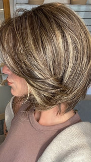 Madeline wearing FERRARI by BELLETRESS in CHOCOLATE BUTTERCREAM R | Medium and Dark Brown Rooted with a Blend of Medium Brown and Dark Blonde
