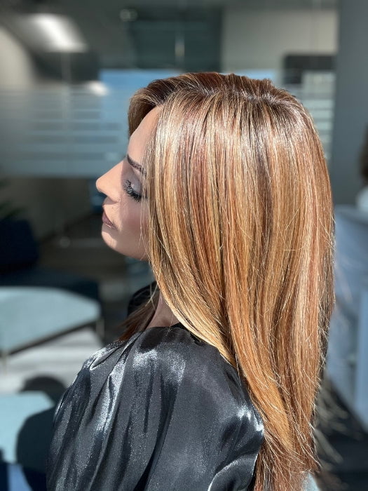 ROXIE wearing PICTURE PERFECT by TRESSALLURE in 33/32/R4 | Dark Auburn Blended with Dark Brown and Dark Roots