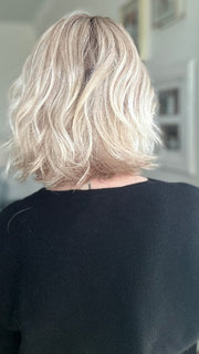 Emily H. wearing ESPRIT SMALL SOFT in PEARL BLONDE ROOTED | Pearl Platinum and Lightest Ash Blonde with Medium Ash Blonde Blend and Shaded Roots