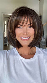 Katy C. @thewigeducator wearing ALVA by NORIKO in color COFFEE-LATTE | Dark Brown with Evenly Blended Honey Brown Highlights