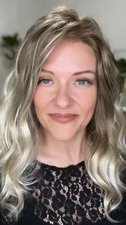 Marcie Mertz @wig.obsessed wearing RACHEL LITE by JON RENAU in color S18-60/102RO SOLSTICE | Dark Natural Ash Blonde roots to midlength, pure white with Pale Platinum Blonde midlength to ends