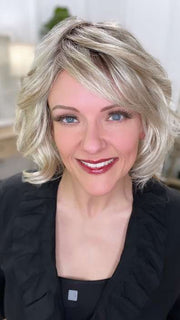 Marcie Mertz @wig.obsessed wearing MARSHA by ENVY BY ALAN EATON in color SILKY BEIGE | Light Platinum Blonde with Dark Brown Roots