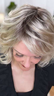 Marcie Mertz @wig.obsessed wearing MARSHA by ENVY BY ALAN EATON in color SILKY BEIGE | Light Platinum Blonde with Dark Brown Roots